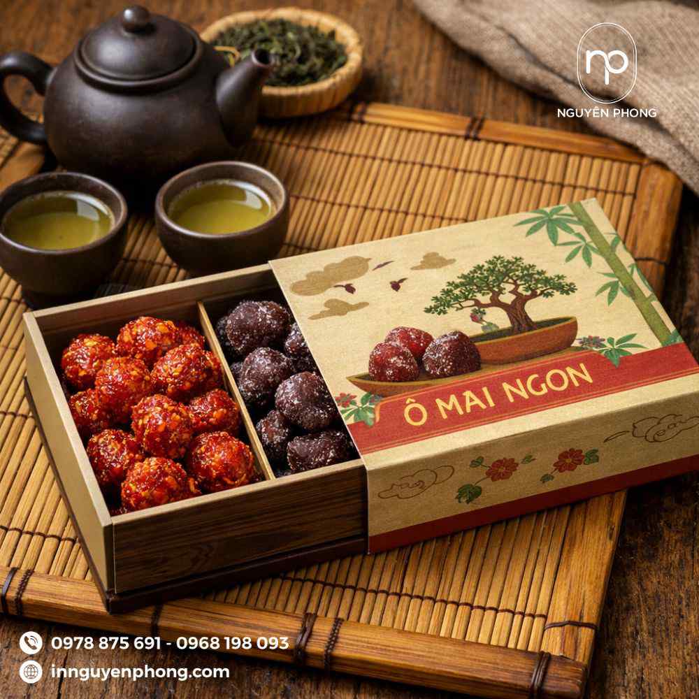 Thiết kế hộp giấy đựng ô mai chia ngăn

